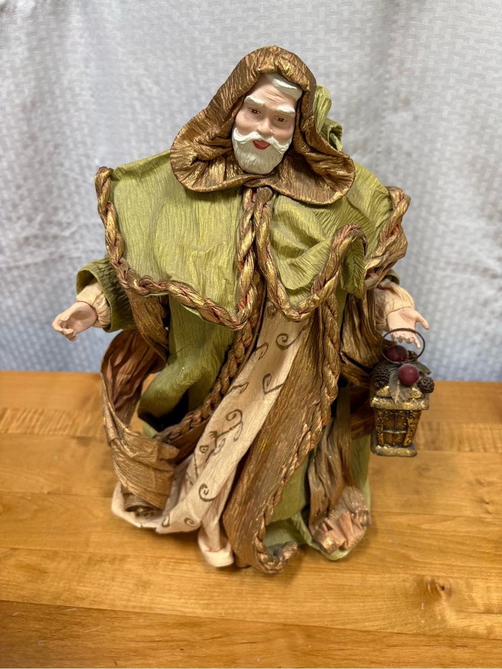 Green and Gold Hooded Santa with Lantern Tree Topper/Figurine